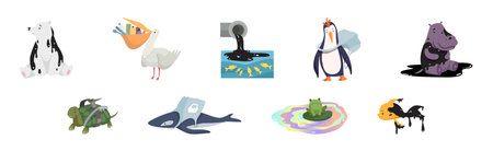 Animal Suffering from Contaminated Nature and Environment Pollution Effect Vector Setのイラスト素材