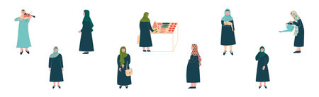 Arabic Muslim Woman Character in Hijab Engaged in Different Activities Vector Setのイラスト素材