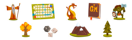 Game of Lord with Dice, Magician, Map and Dragon Vector Setのイラスト素材
