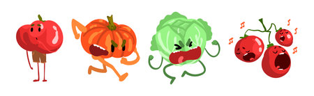 Funny Vegetable Character with Face and Arms Vector Setのイラスト素材