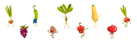 Funny Vegetable Character with Face and Arms Vector Setのイラスト素材