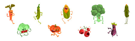 Funny Vegetable Character with Face and Arms Vector Setのイラスト素材