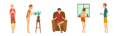 Man Character Resting and Relaxing at Home on Weekend Vector Setのイラスト素材