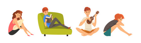 Man and Woman Character Resting and Relaxing at Home on Weekend Vector Setのイラスト素材