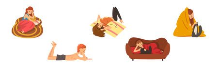 Man and Woman Character Resting and Relaxing at Home on Weekend Vector Setのイラスト素材