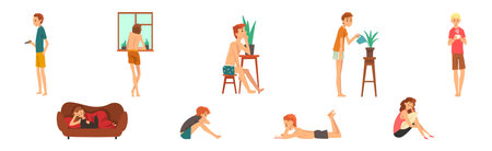 Man and Woman Character Resting and Relaxing at Home on Weekend Vector Setのイラスト素材