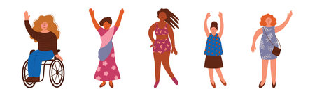 Pretty Body Positive Woman in Standing Pose Vector Setのイラスト素材