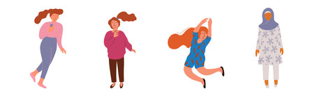 Pretty Body Positive Woman in Standing Pose Vector Setのイラスト素材