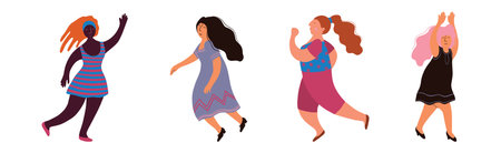 Pretty Body Positive Woman in Standing Pose Vector Setのイラスト素材