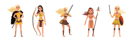 Beautiful Amazon Girls as Ancient Warrior Characters Vector Setのイラスト素材