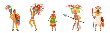 Man Aztec Warrior in Traditional Clothes and Headgear with Weapon Vector Setのイラスト素材