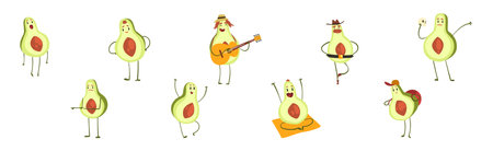 Cute Avocado Character Engaged in Different Activity Vector Setのイラスト素材