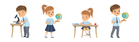 School Boy and Girl Pupil Character in Uniform Vector Setのイラスト素材