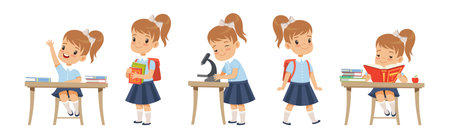 School Girl Pupil Character in Uniform Vector Setのイラスト素材