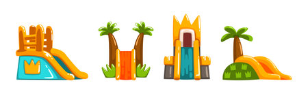 Aqua Park Slide Attraction as Amusement and Entertainment Vector Setのイラスト素材