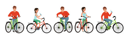 Man and Woman Riding Bicycle Enjoy Outdoor Recreation Vector Setのイラスト素材