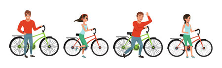 Man and Woman Riding Bicycle Enjoy Outdoor Recreation Vector Setのイラスト素材