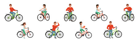 Man and Woman Riding Bicycle Enjoy Outdoor Recreation Vector Setのイラスト素材