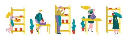 Pottery Workshop with Man and Woman Doing Clay Pot Vector Setのイラスト素材