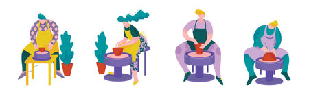 Pottery Workshop with Man and Woman Doing Clay Pot Vector Setのイラスト素材