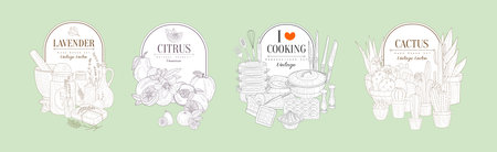 Vintage Lavender, Cooking, Cactus and Citrus Natural Product Sticker Vector Setのイラスト素材