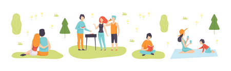 People Character at Picnic in Park Enjoy Summer Vector Setのイラスト素材