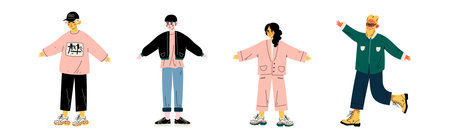Young Man and Woman Character Standing in Trendy Wear and Fashion Outfit Vector Setのイラスト素材
