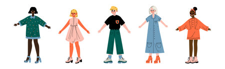 Young Man and Woman Character Standing in Trendy Wear and Fashion Outfit Vector Setのイラスト素材
