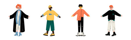 Young Man and Woman Character Standing in Trendy Wear and Fashion Outfit Vector Setのイラスト素材