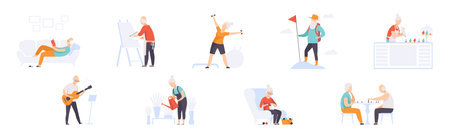 Senior People Character Engaged in Different Activities and Hobbies Vector Setのイラスト素材