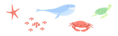 Funny Sea Animals and Ocean Swimming Creature Vector Setのイラスト素材