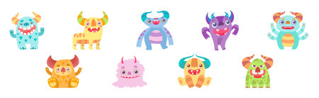 Cute Monster Character as Toothy Mutant with Funny Friendly Face Vector Setのイラスト素材