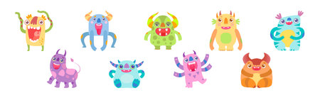 Cute Monster Character as Toothy Mutant with Funny Friendly Face Vector Setのイラスト素材