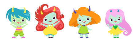 Tiny Troll Characters with Different Hair Color and Little Horns Vector Setのイラスト素材