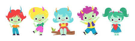 Tiny Troll Characters with Different Hair Color and Little Horns Vector Setのイラスト素材
