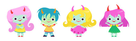 Tiny Troll Characters with Different Hair Color and Little Horns Vector Setのイラスト素材