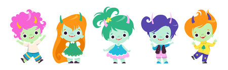 Tiny Troll Characters with Different Hair Color and Little Horns Vector Setのイラスト素材