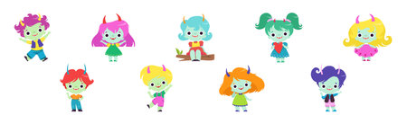 Tiny Troll Characters with Different Hair Color and Little Horns Vector Setのイラスト素材