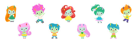 Tiny Troll Characters with Different Hair Color and Little Horns Vector Setのイラスト素材