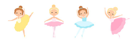 Lovely Little Ballerina in Tutu Skirt and Leotard Dancing and Training Vector Setのイラスト素材