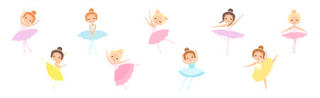 Lovely Little Ballerina in Tutu Skirt and Leotard Dancing and Training Vector Setのイラスト素材