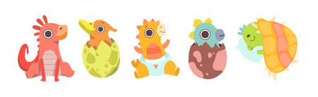 Cute Dinosaur Baby and Cub with Pretty Snout Vector Setのイラスト素材