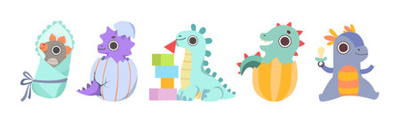 Cute Dinosaur Baby and Cub with Pretty Snout Vector Setのイラスト素材