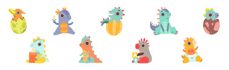 Cute Dinosaur Baby and Cub with Pretty Snout Vector Setのイラスト素材