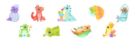 Cute Dinosaur Baby and Cub with Pretty Snout Vector Setのイラスト素材