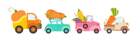 Car Full with Vegetable and Harvest Crop Vector Setのイラスト素材