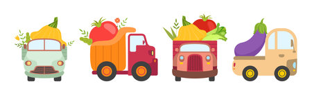 Car Full with Vegetable and Harvest Crop Vector Setのイラスト素材