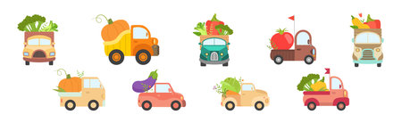 Car Full with Vegetable and Harvest Crop Vector Setのイラスト素材