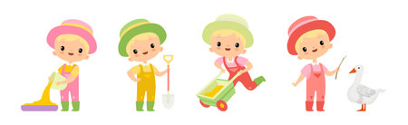 Adorable Little Boy Farmer Work in Garden Vector Setのイラスト素材