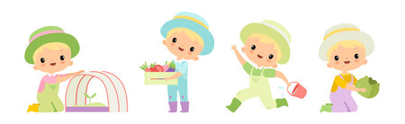 Adorable Little Boy Farmer Work in Garden Vector Setのイラスト素材